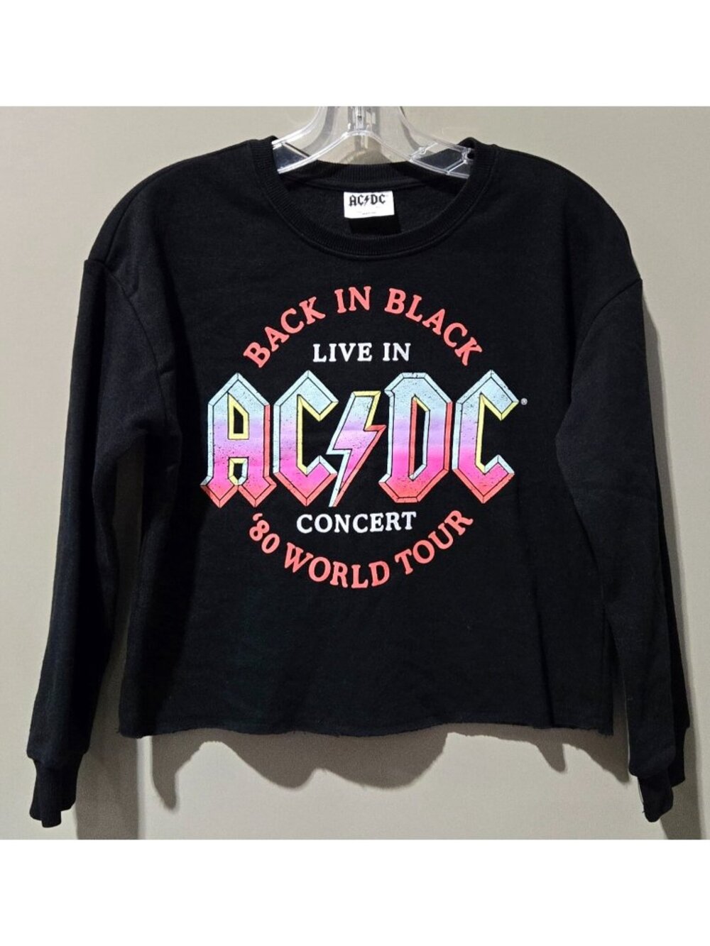 AC/DC Back in Black At Waist Cropped Black Fleece Sweatshirt -- Size Large 10/12